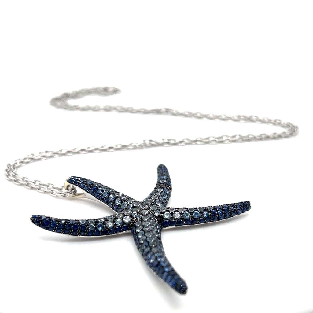 Sapphire and Rhodium Plated 18k White Gold Starfish Necklace Length: 19 3/4in.