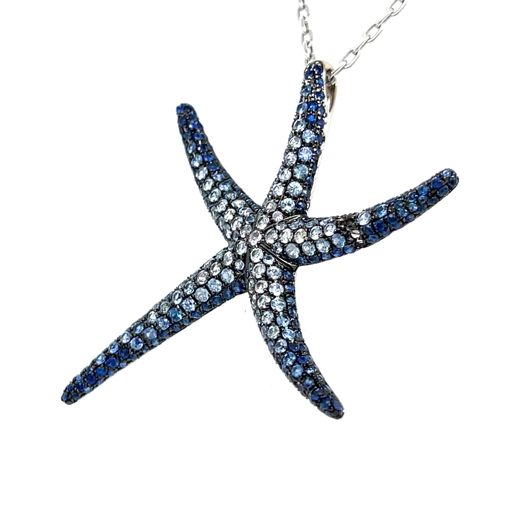 Sapphire and Rhodium Plated 18k White Gold Starfish Necklace Length: 19 3/4in.