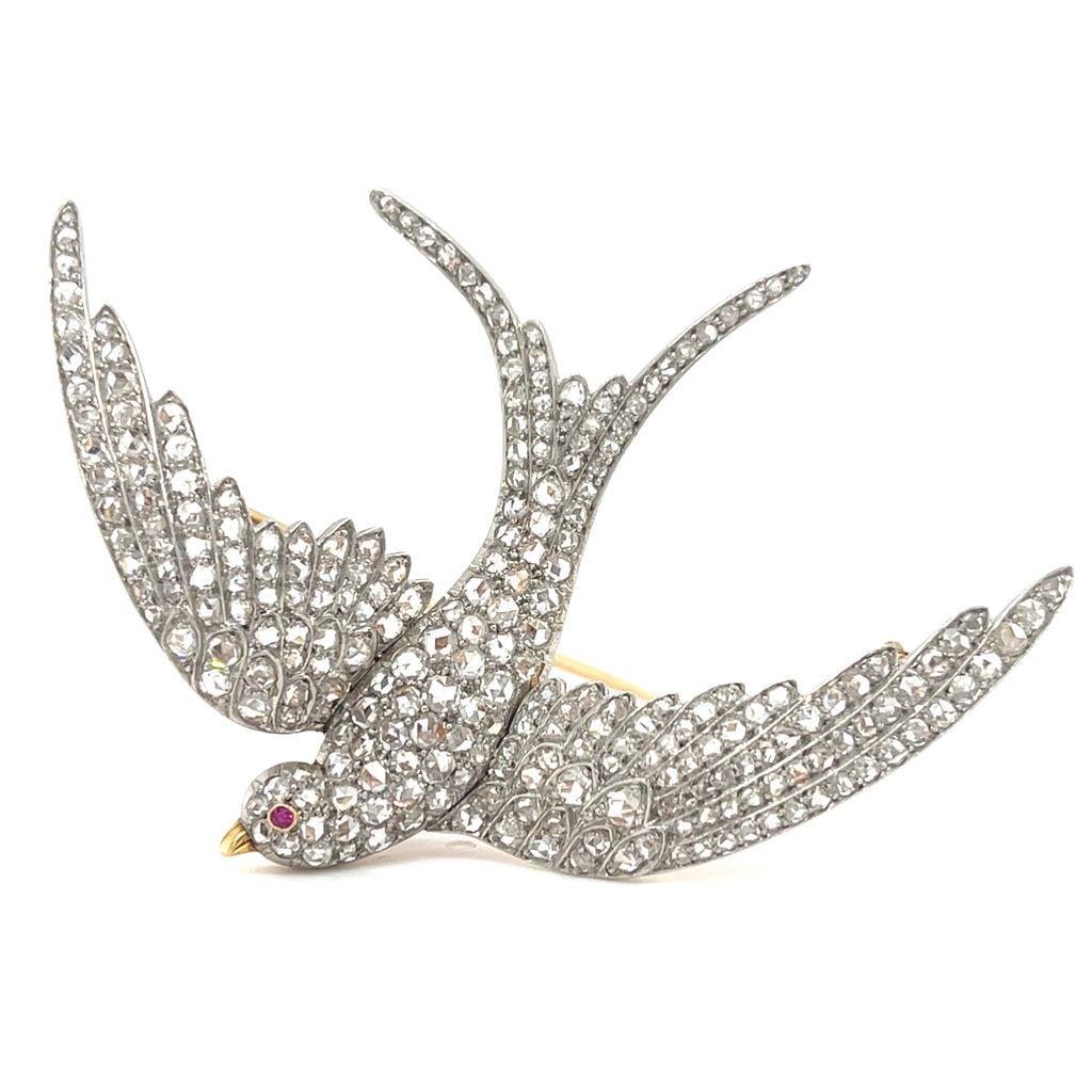 Platinum Topped Gold Victorian Swallow Brooch w/ Rose-cut Diamonds Weight: 17.1g
