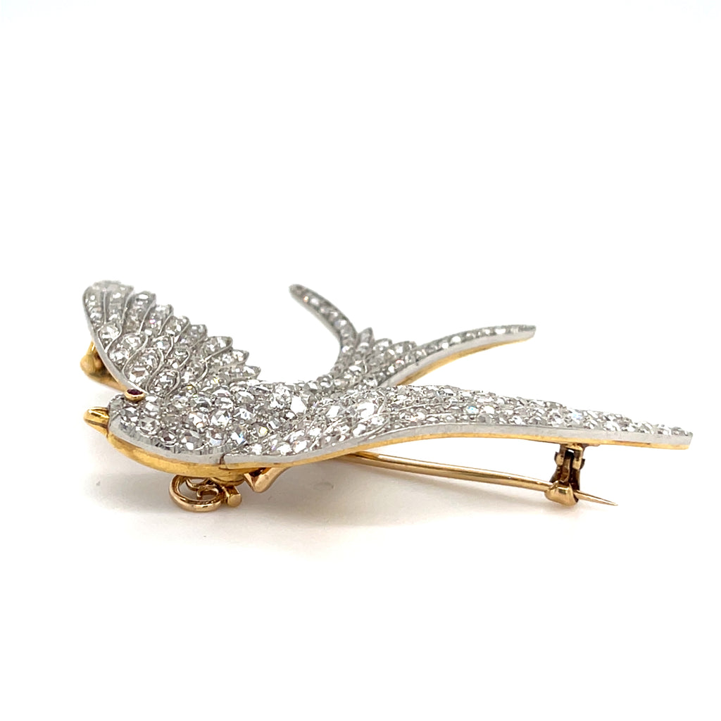 Platinum Topped Gold Victorian Swallow Brooch w/ Rose-cut Diamonds Weight: 17.1g