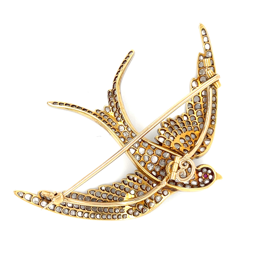 Platinum Topped Gold Victorian Swallow Brooch w/ Rose-cut Diamonds Weight: 17.1g