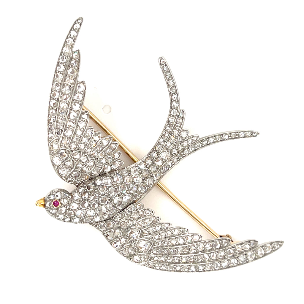 Platinum Topped Gold Victorian Swallow Brooch w/ Rose-cut Diamonds Weight: 17.1g