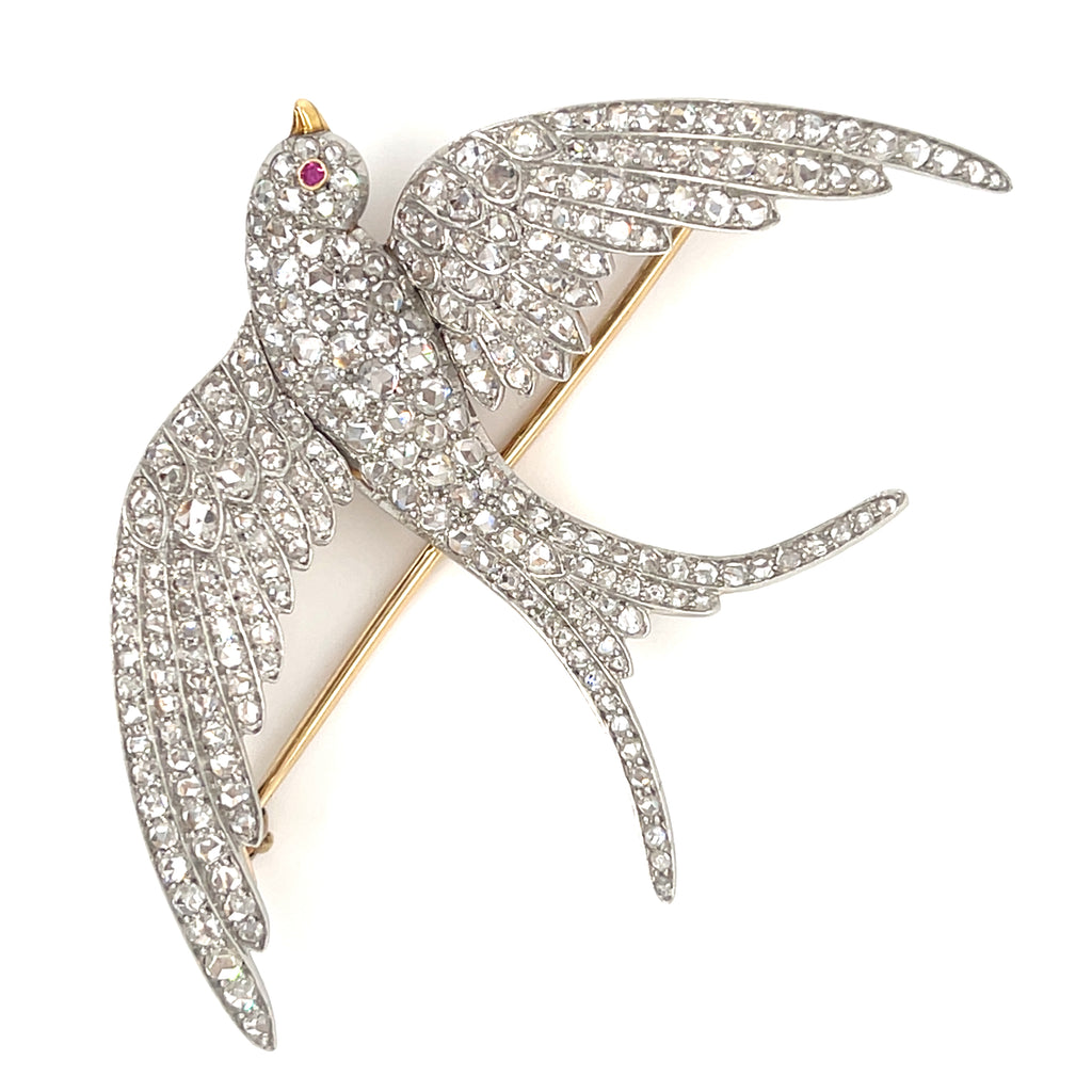 Platinum Topped Gold Victorian Swallow Brooch w/ Rose-cut Diamonds Weight: 17.1g