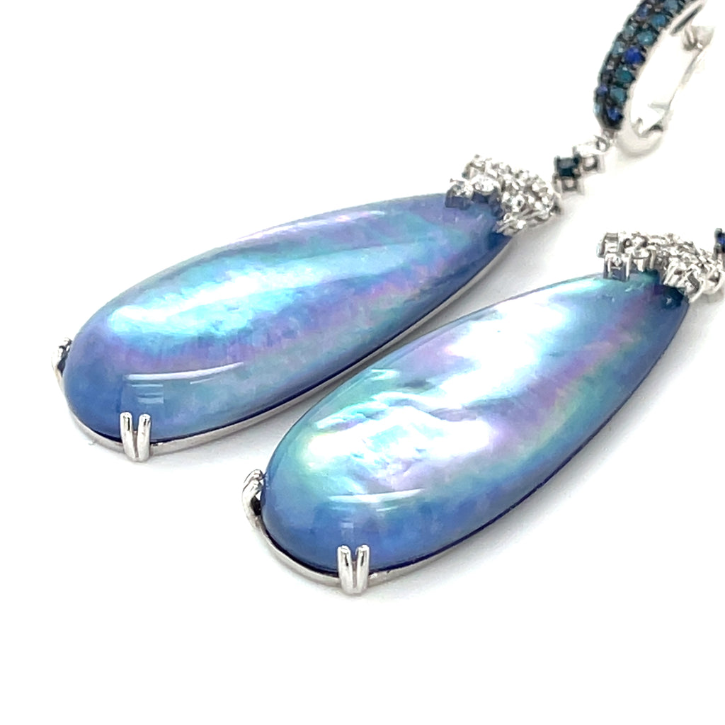 14k White Gold Crystal Topped Abalone Drop Earrings with Dia and Sapp Accents