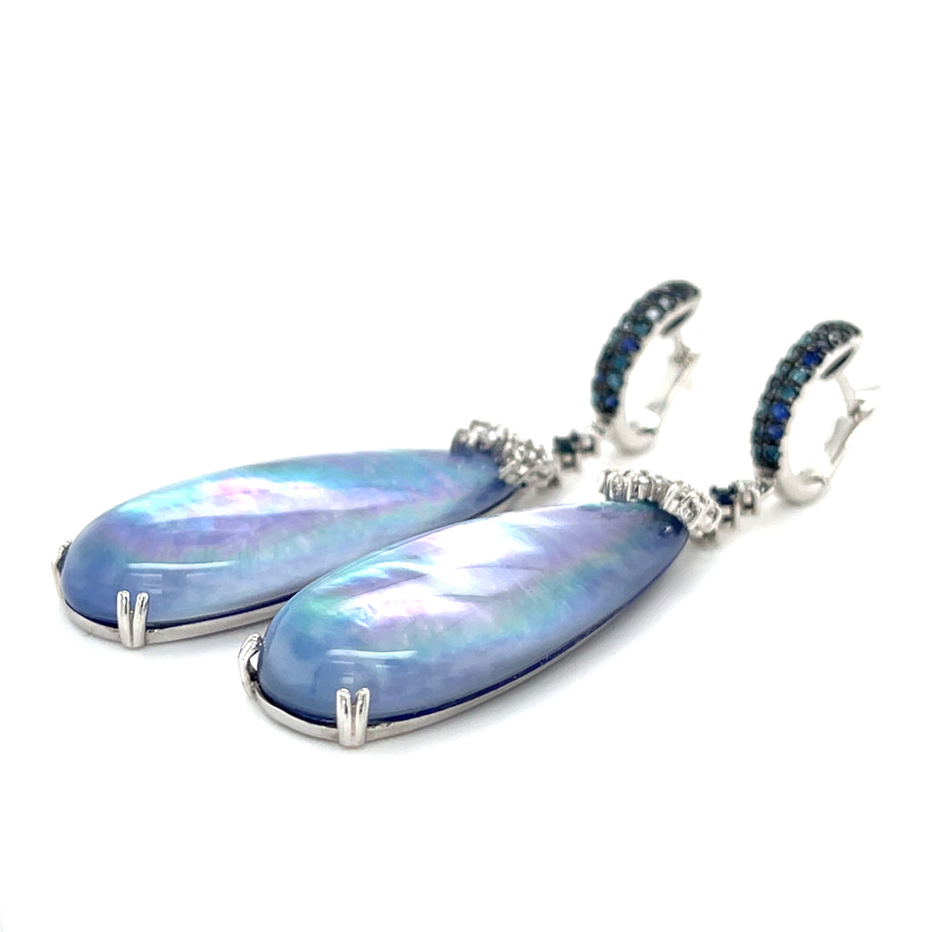 14k White Gold Crystal Topped Abalone Drop Earrings with Dia and Sapp Accents