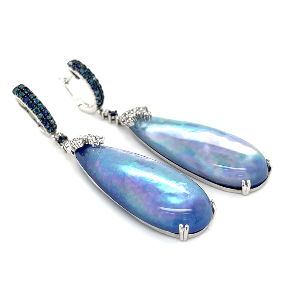 14k White Gold Crystal Topped Abalone Drop Earrings with Dia and Sapp Accents