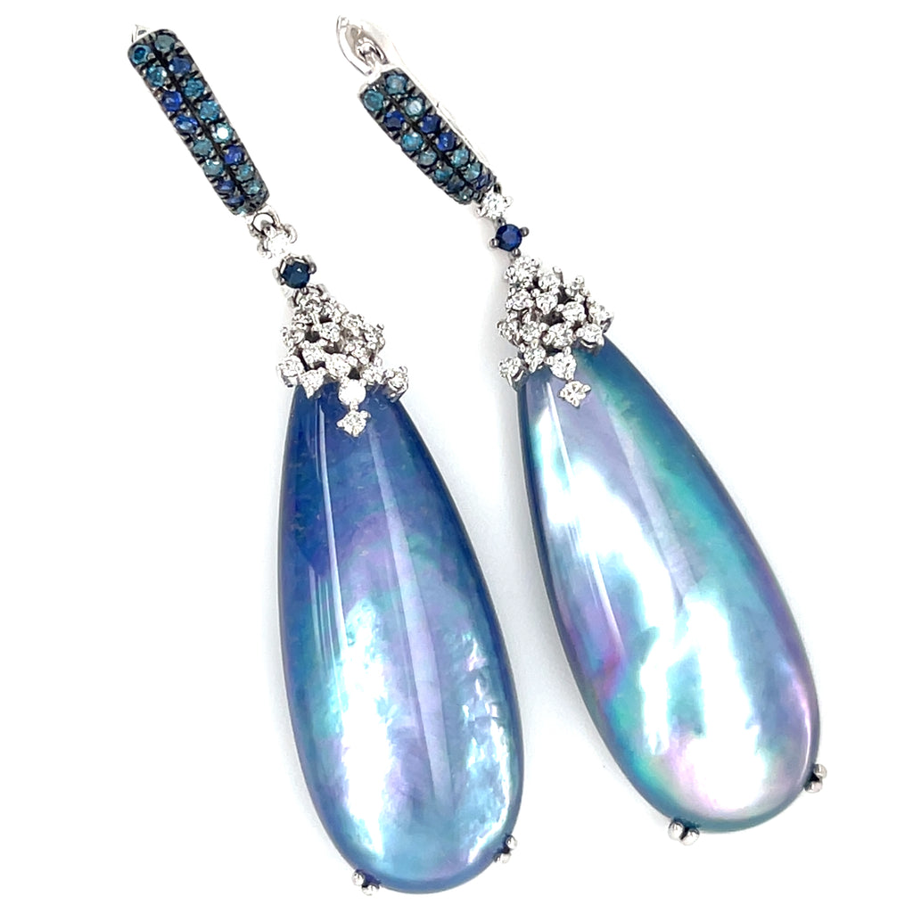 14k White Gold Crystal Topped Abalone Drop Earrings with Dia and Sapp Accents