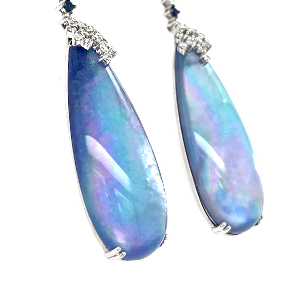 14k White Gold Crystal Topped Abalone Drop Earrings with Dia and Sapp Accents