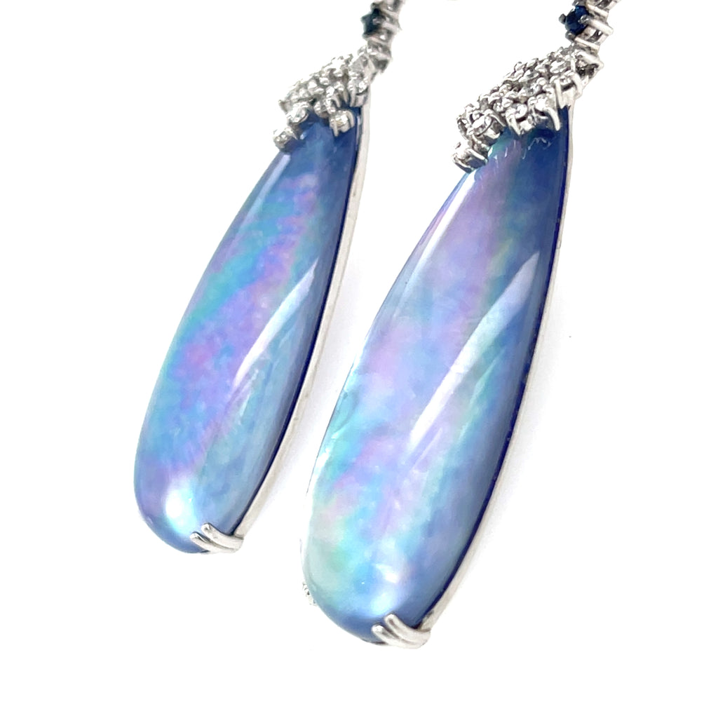 14k White Gold Crystal Topped Abalone Drop Earrings with Dia and Sapp Accents