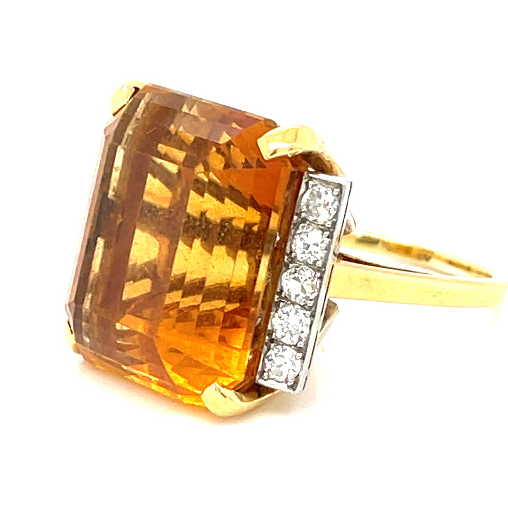 14k Two Tone Gold Citrine Cocktail Ring with Diamond Accents Size 6.5