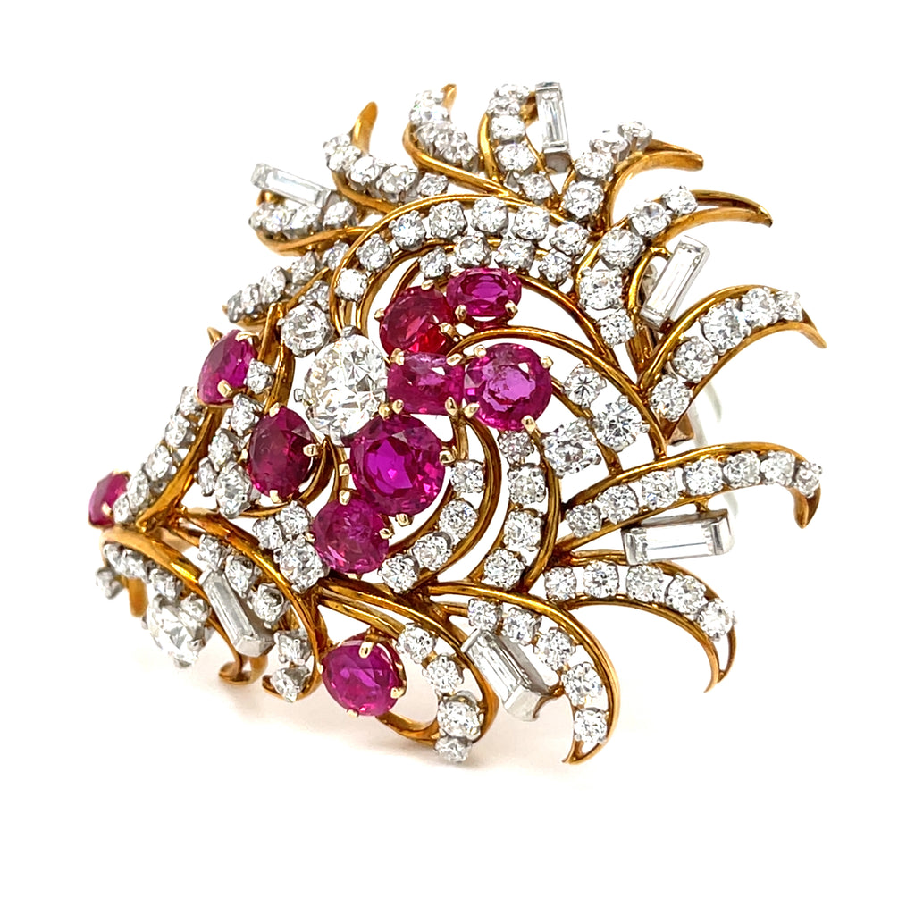 14k Gold + Platinum Flower Bouquet Brooch w/ 5ct Ruby and 7.45ct Diamond