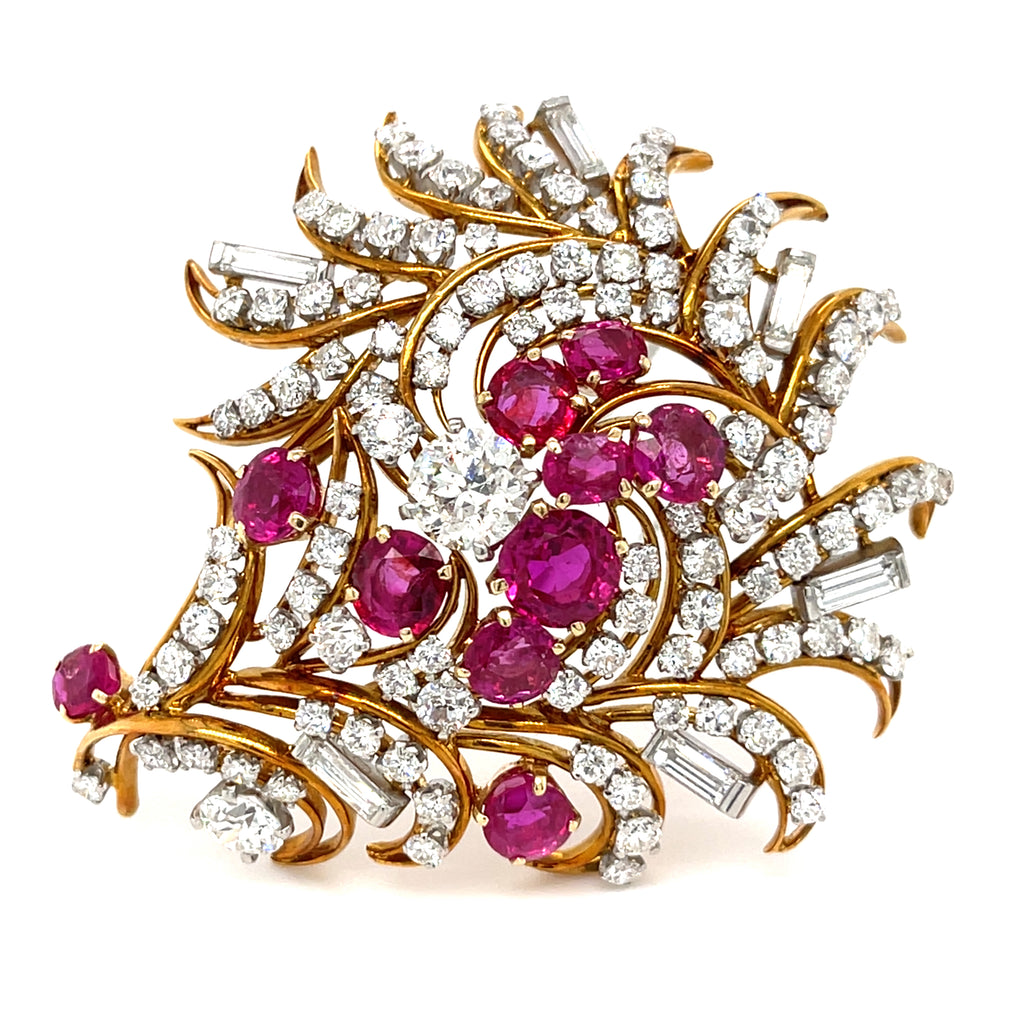 14k Gold + Platinum Flower Bouquet Brooch w/ 5ct Ruby and 7.45ct Diamond