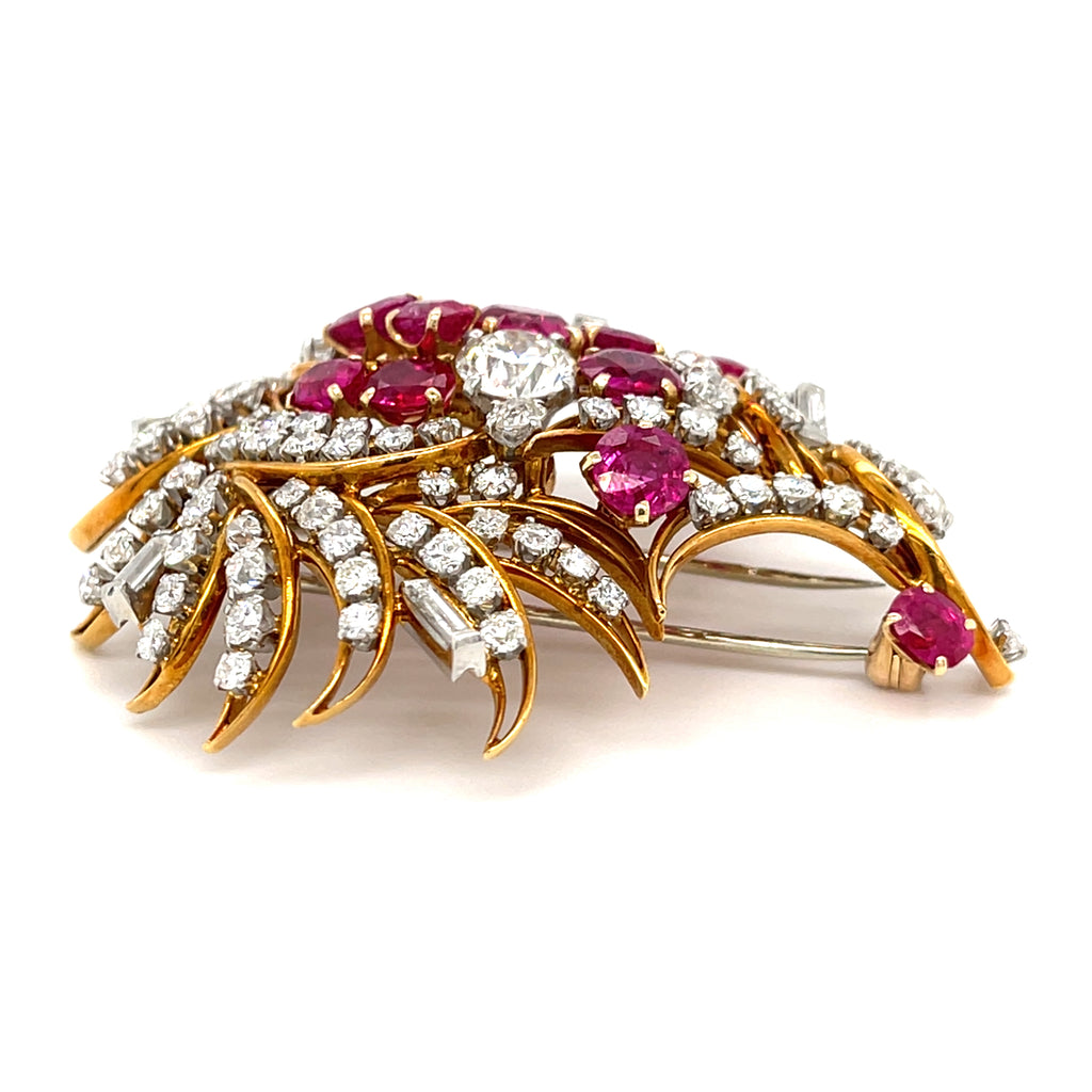 14k Gold + Platinum Flower Bouquet Brooch w/ 5ct Ruby and 7.45ct Diamond