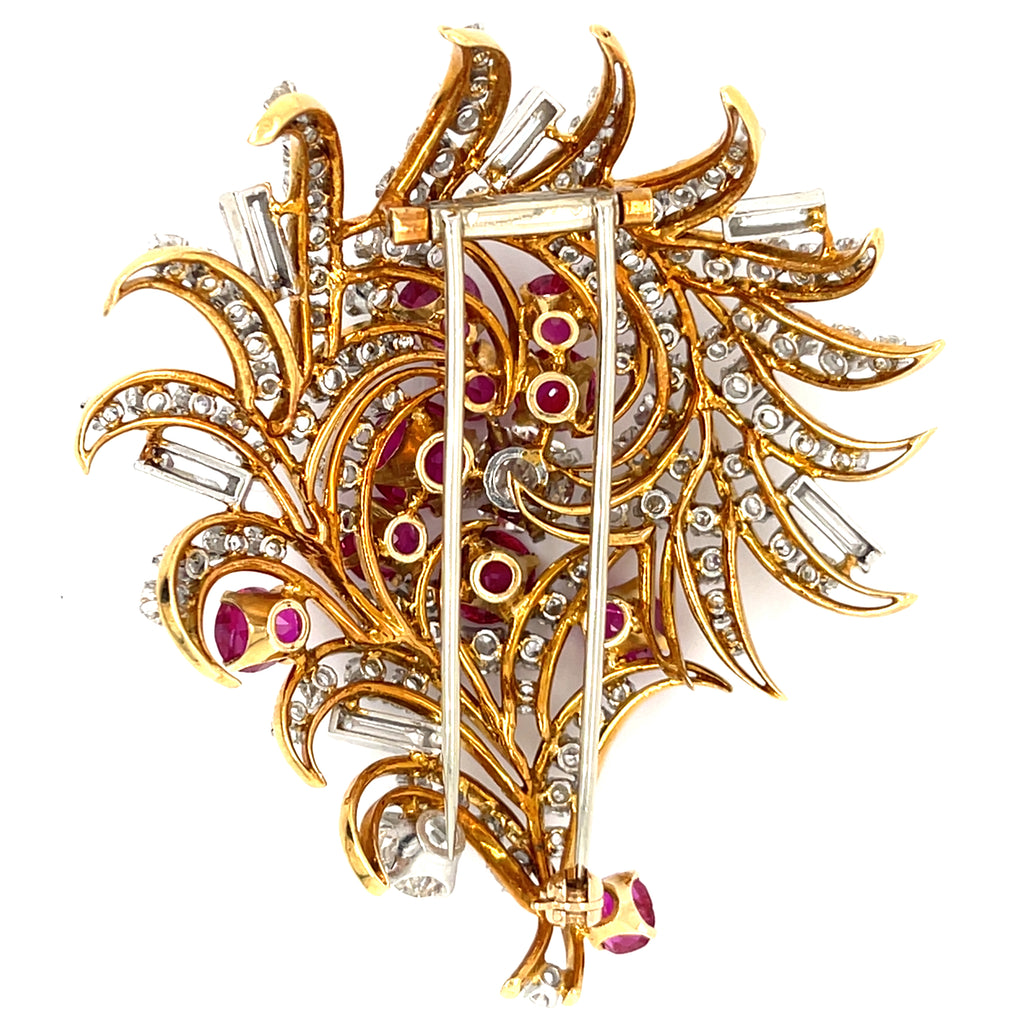 14k Gold + Platinum Flower Bouquet Brooch w/ 5ct Ruby and 7.45ct Diamond