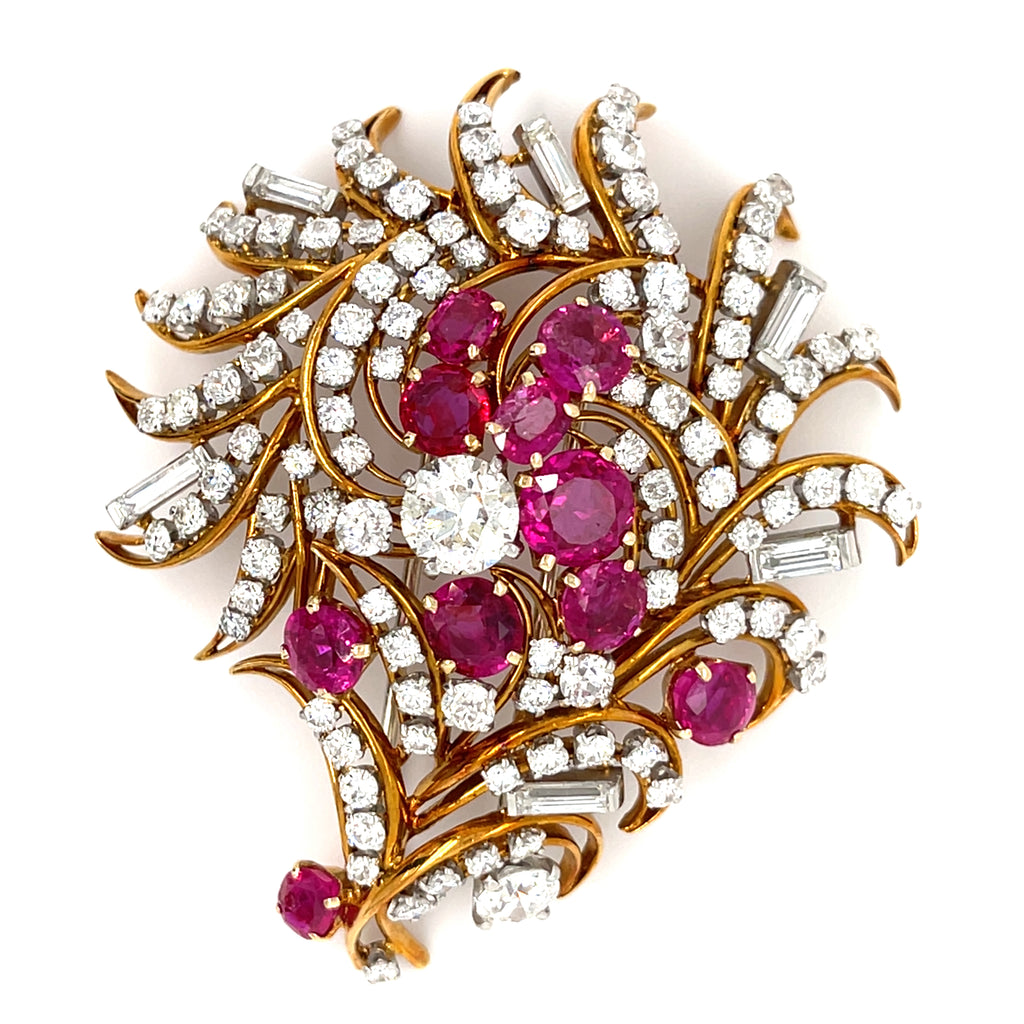 14k Gold + Platinum Flower Bouquet Brooch w/ 5ct Ruby and 7.45ct Diamond
