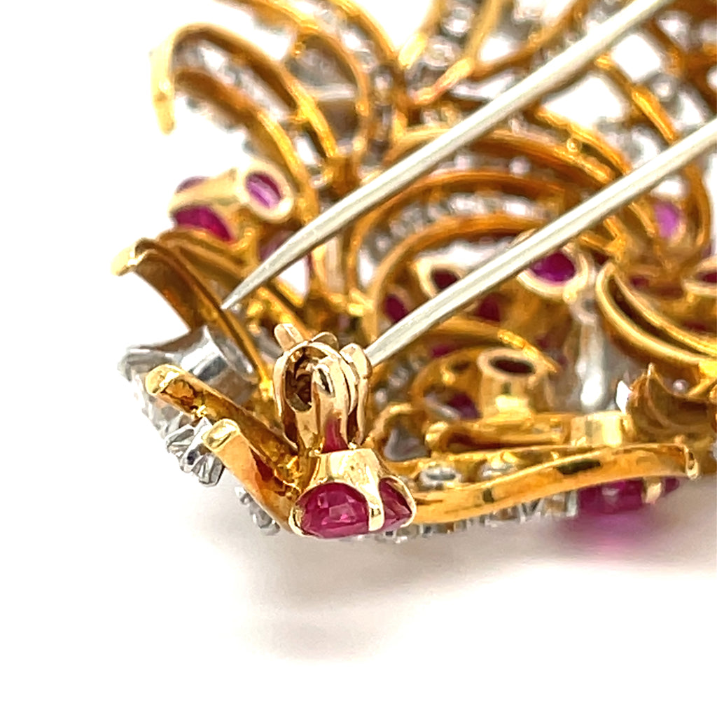 14k Gold + Platinum Flower Bouquet Brooch w/ 5ct Ruby and 7.45ct Diamond