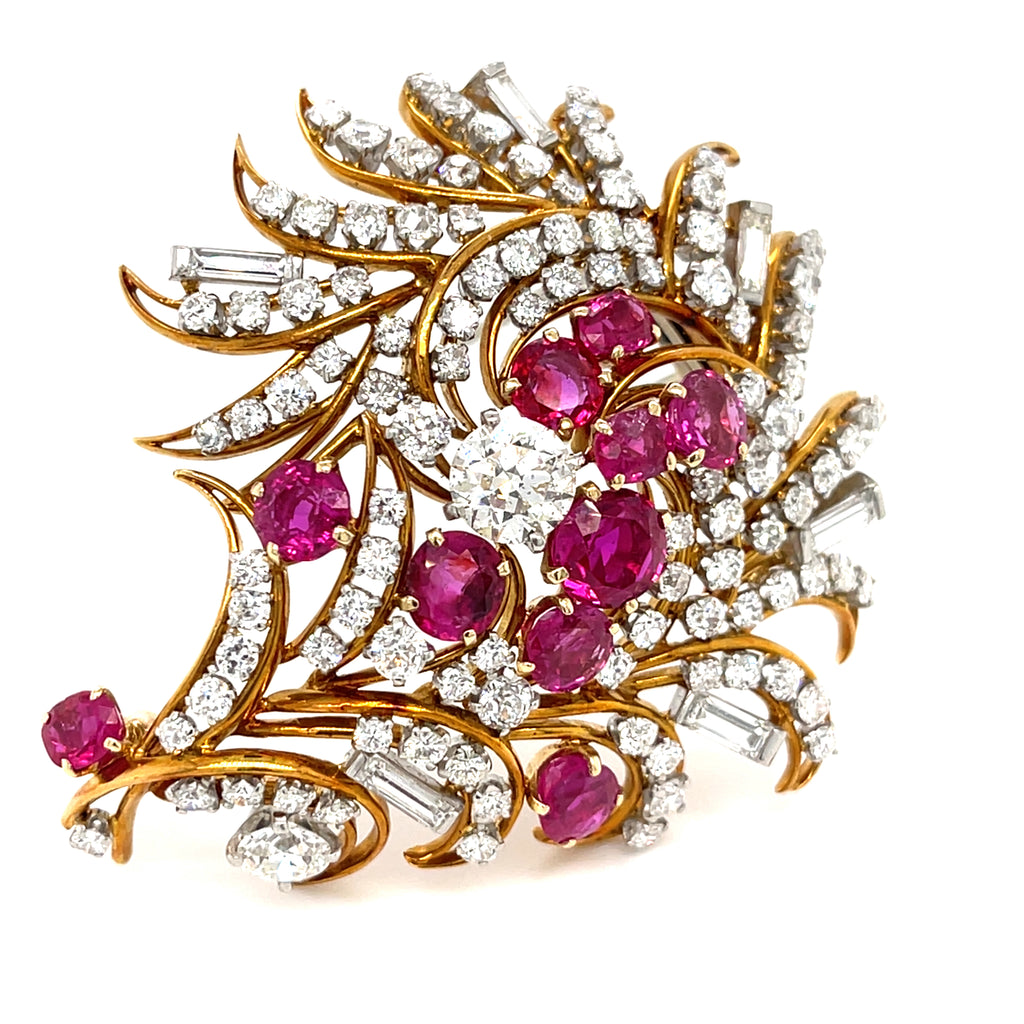 14k Gold + Platinum Flower Bouquet Brooch w/ 5ct Ruby and 7.45ct Diamond