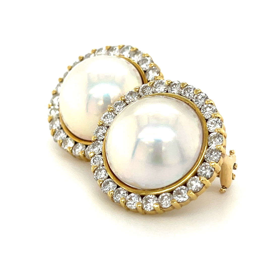 14k Yellow Gold Mabe Pearl and Diamond Earrings