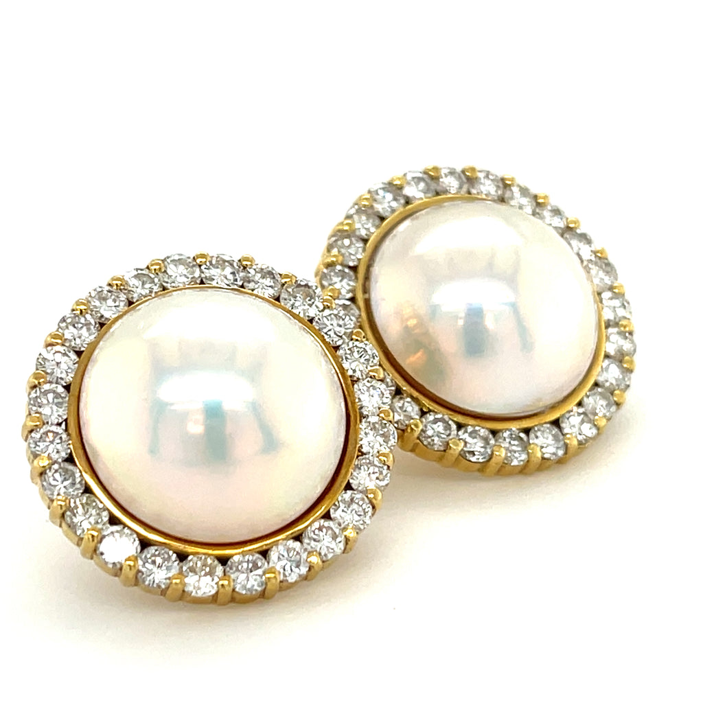 14k Yellow Gold Mabe Pearl and Diamond Earrings
