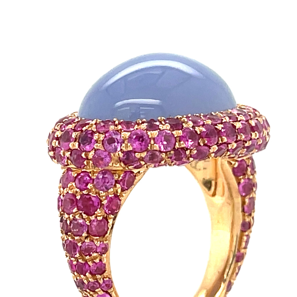 18k Rose Gold 12.9 ct Chalcedony Cabochon Ring with Pink Sapphire Accents Sz 6.5