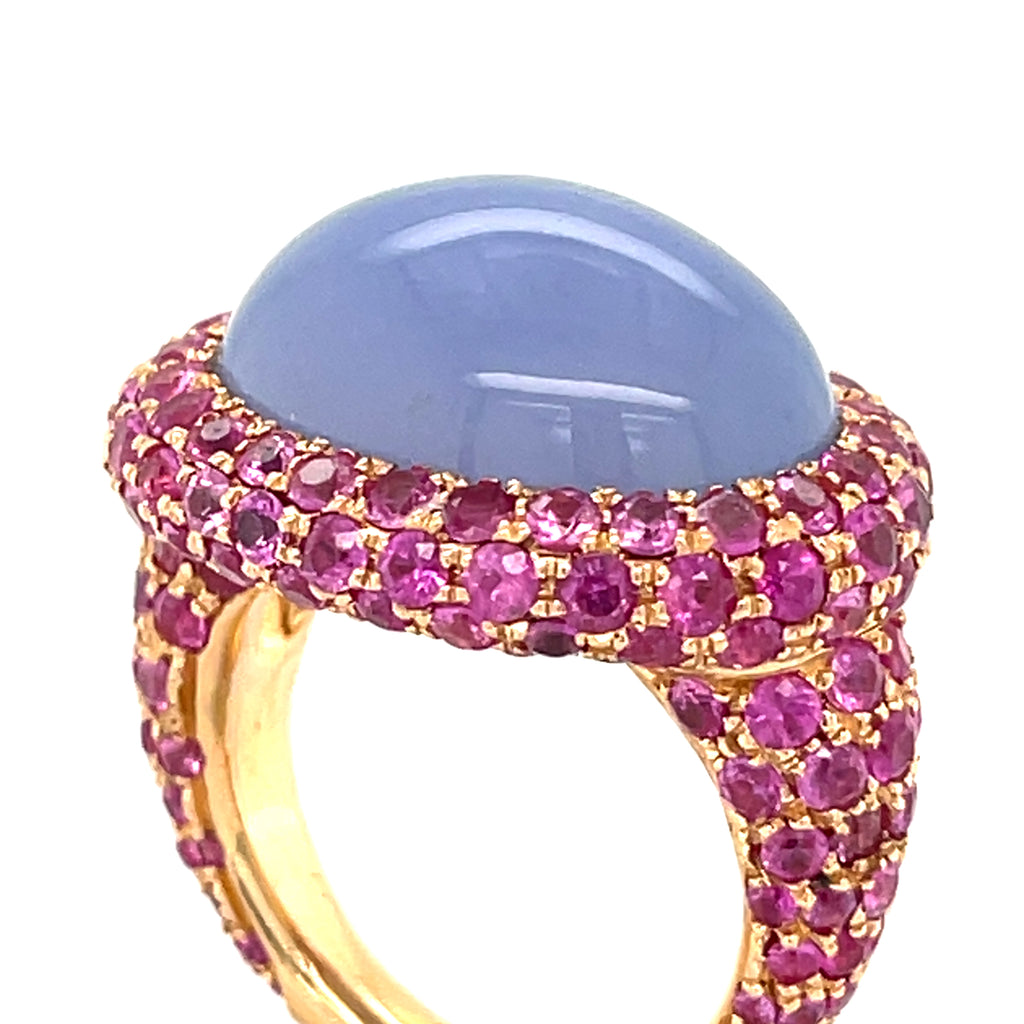 18k Rose Gold 12.9 ct Chalcedony Cabochon Ring with Pink Sapphire Accents Sz 6.5