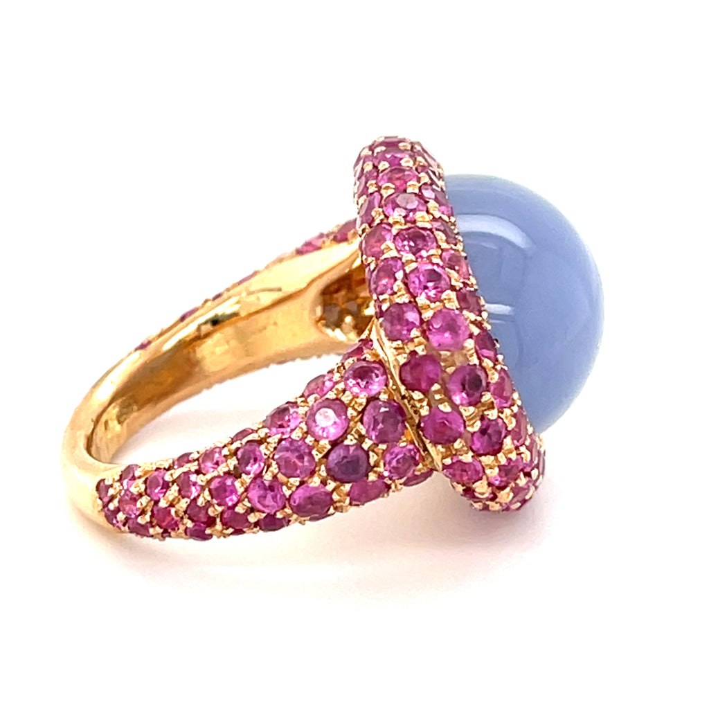 18k Rose Gold 12.9 ct Chalcedony Cabochon Ring with Pink Sapphire Accents Sz 6.5