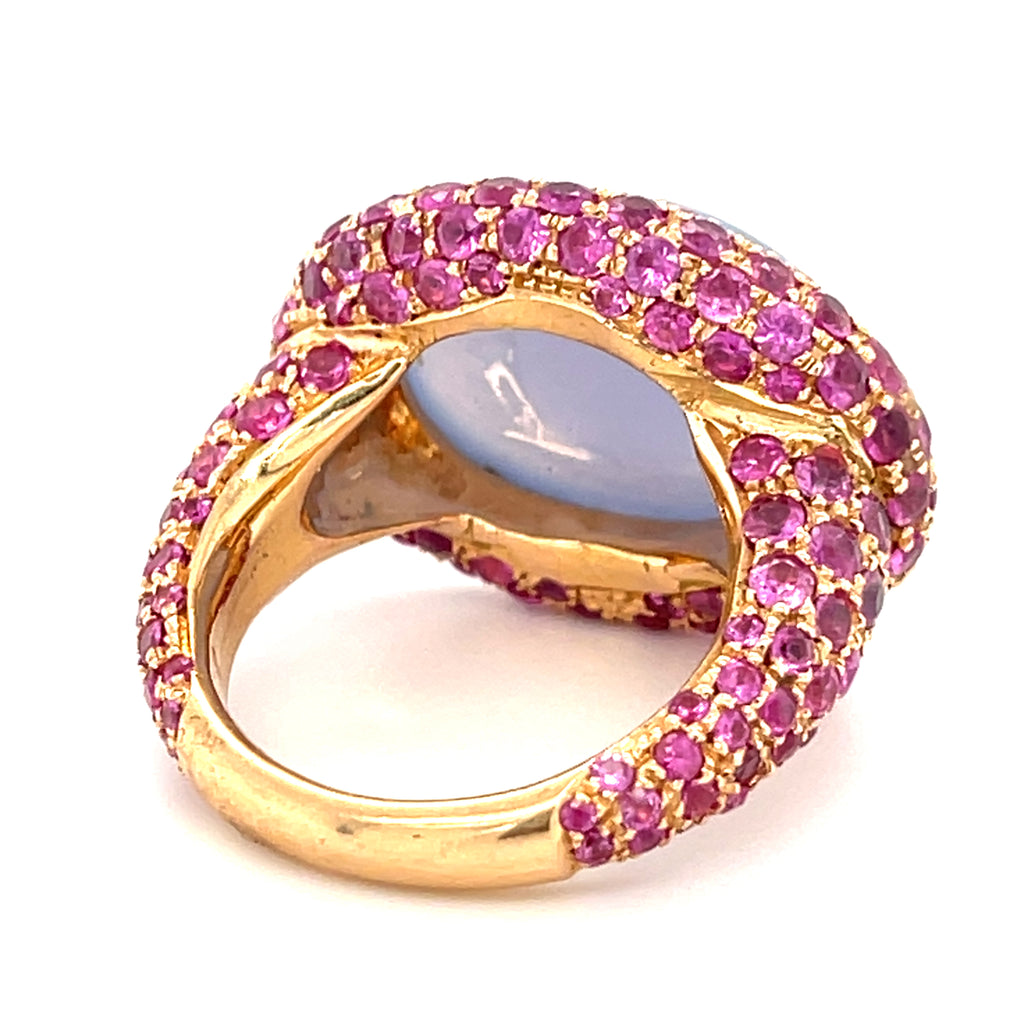 18k Rose Gold 12.9 ct Chalcedony Cabochon Ring with Pink Sapphire Accents Sz 6.5