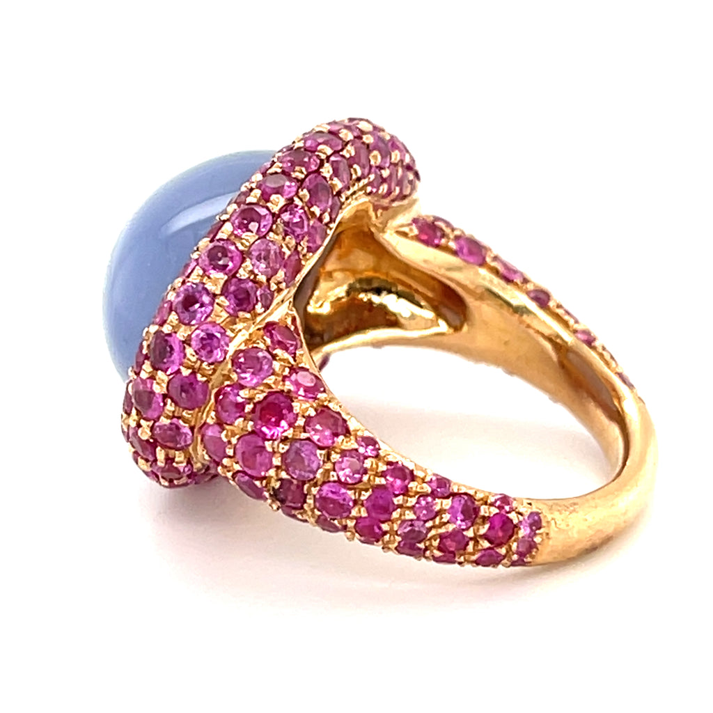 18k Rose Gold 12.9 ct Chalcedony Cabochon Ring with Pink Sapphire Accents Sz 6.5