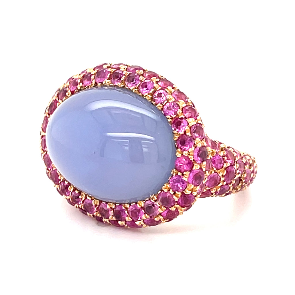18k Rose Gold 12.9 ct Chalcedony Cabochon Ring with Pink Sapphire Accents Sz 6.5