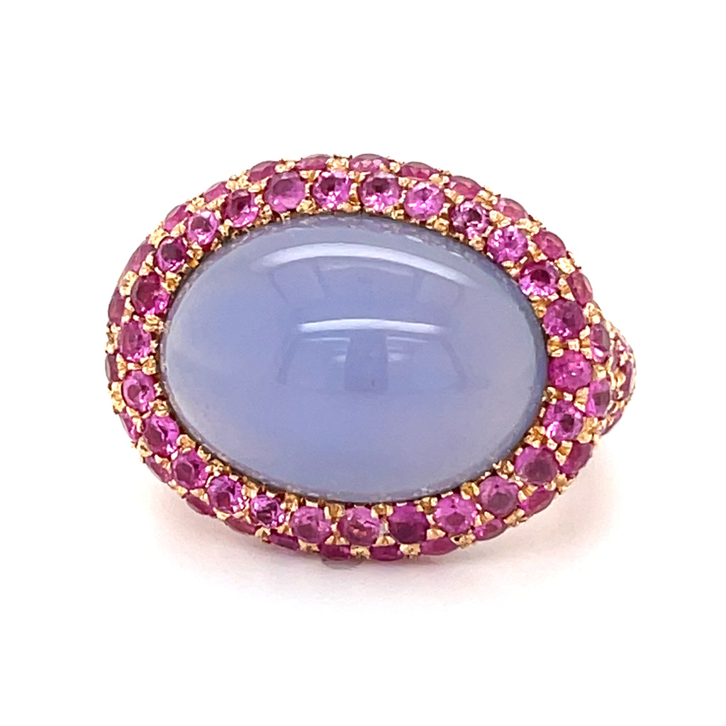 18k Rose Gold 12.9 ct Chalcedony Cabochon Ring with Pink Sapphire Accents Sz 6.5