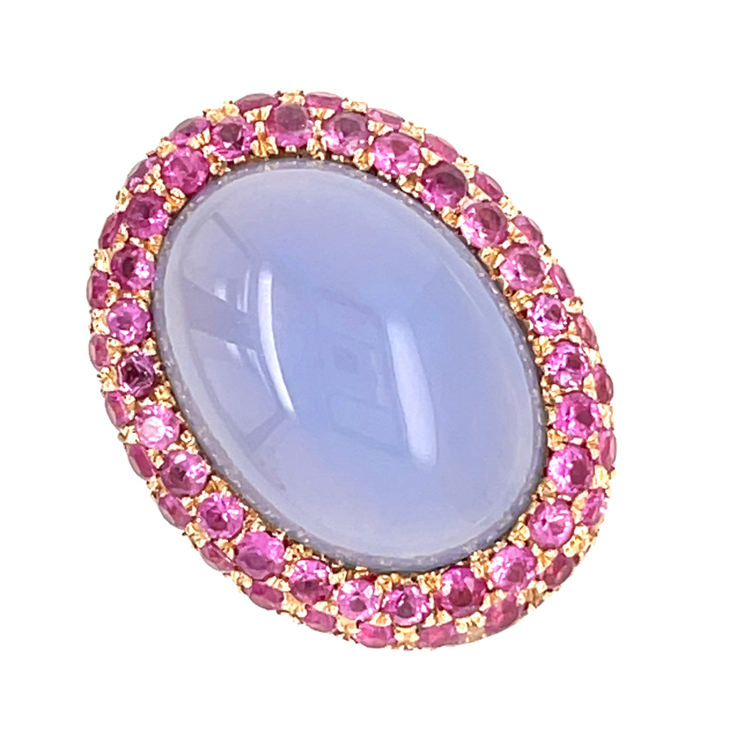 18k Rose Gold 12.9 ct Chalcedony Cabochon Ring with Pink Sapphire Accents Sz 6.5