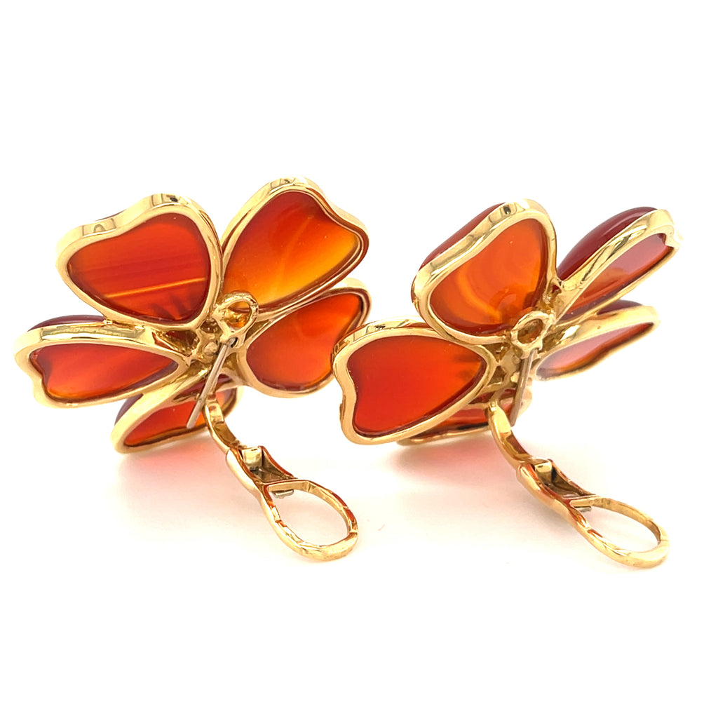 18k Yellow Gold Carnelian Flower Ear Clips w/ Diamond Accents