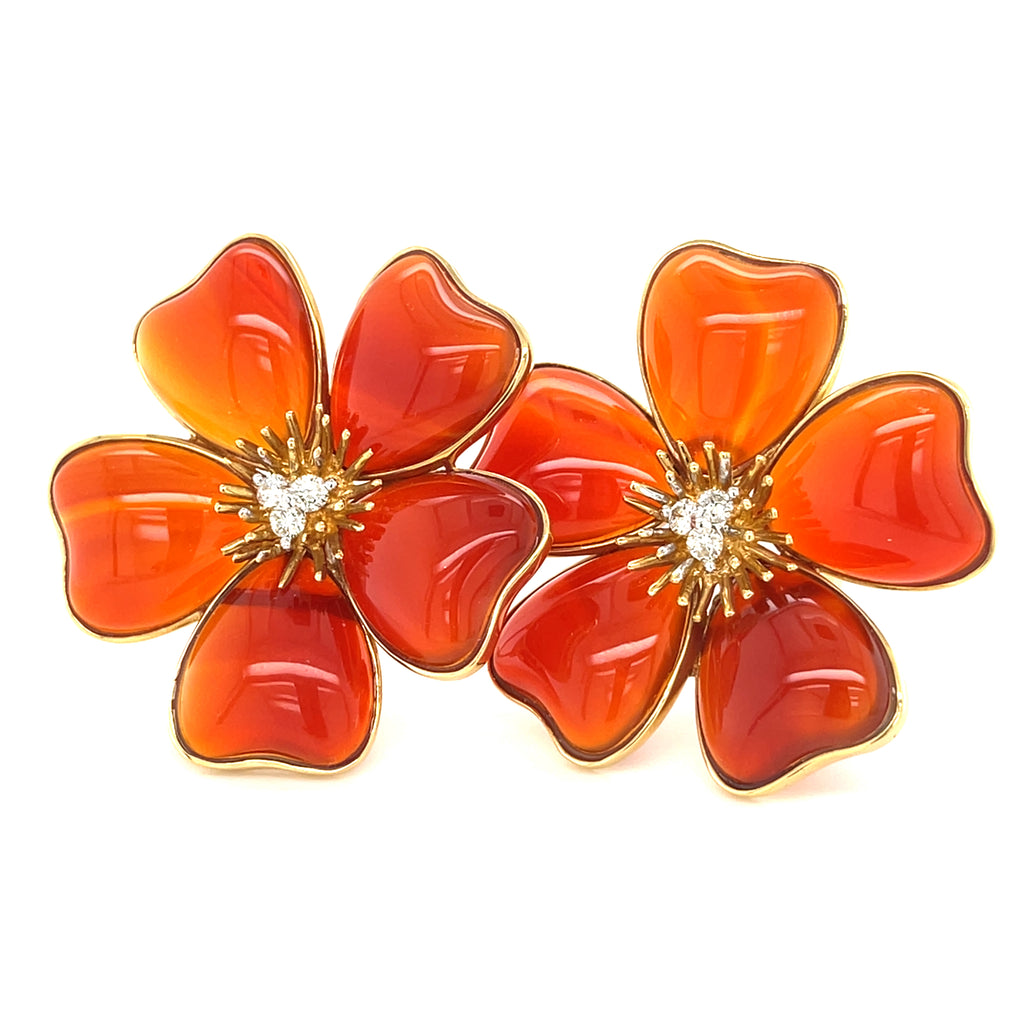 18k Yellow Gold Carnelian Flower Ear Clips w/ Diamond Accents