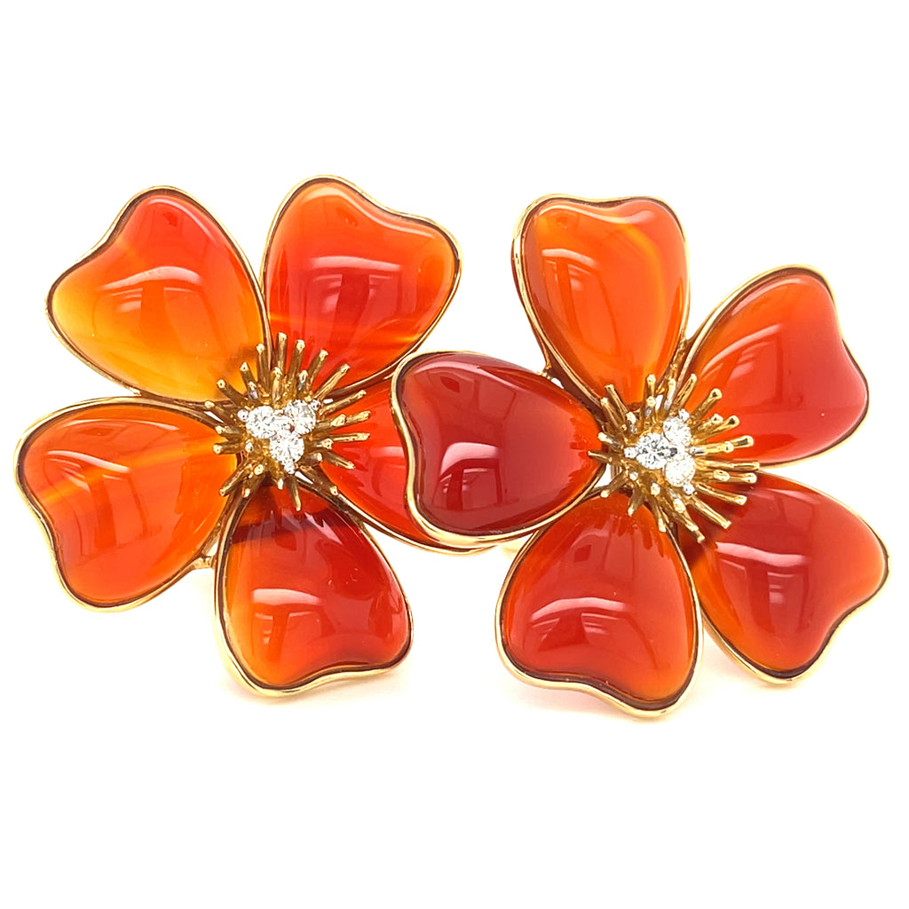 18k Yellow Gold Carnelian Flower Ear Clips w/ Diamond Accents