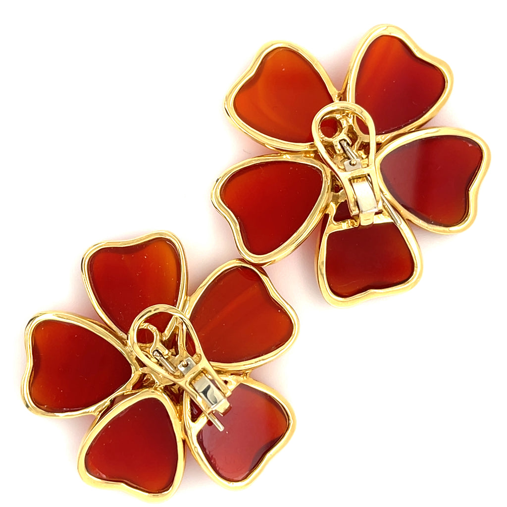 18k Yellow Gold Carnelian Flower Ear Clips w/ Diamond Accents