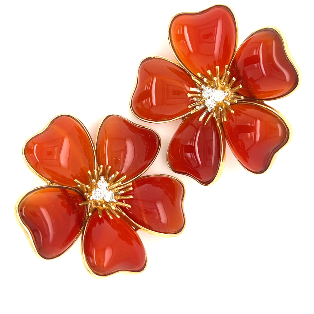 18k Yellow Gold Carnelian Flower Ear Clips w/ Diamond Accents
