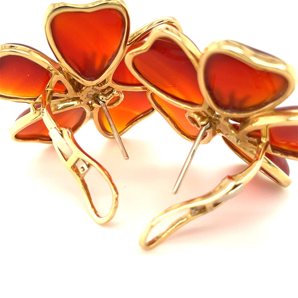 18k Yellow Gold Carnelian Flower Ear Clips w/ Diamond Accents