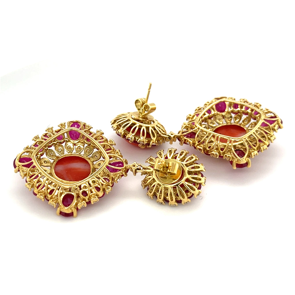 Unique 18k Yellow Gold Coral, Ruby, and Diamond Drop Stud Earrings