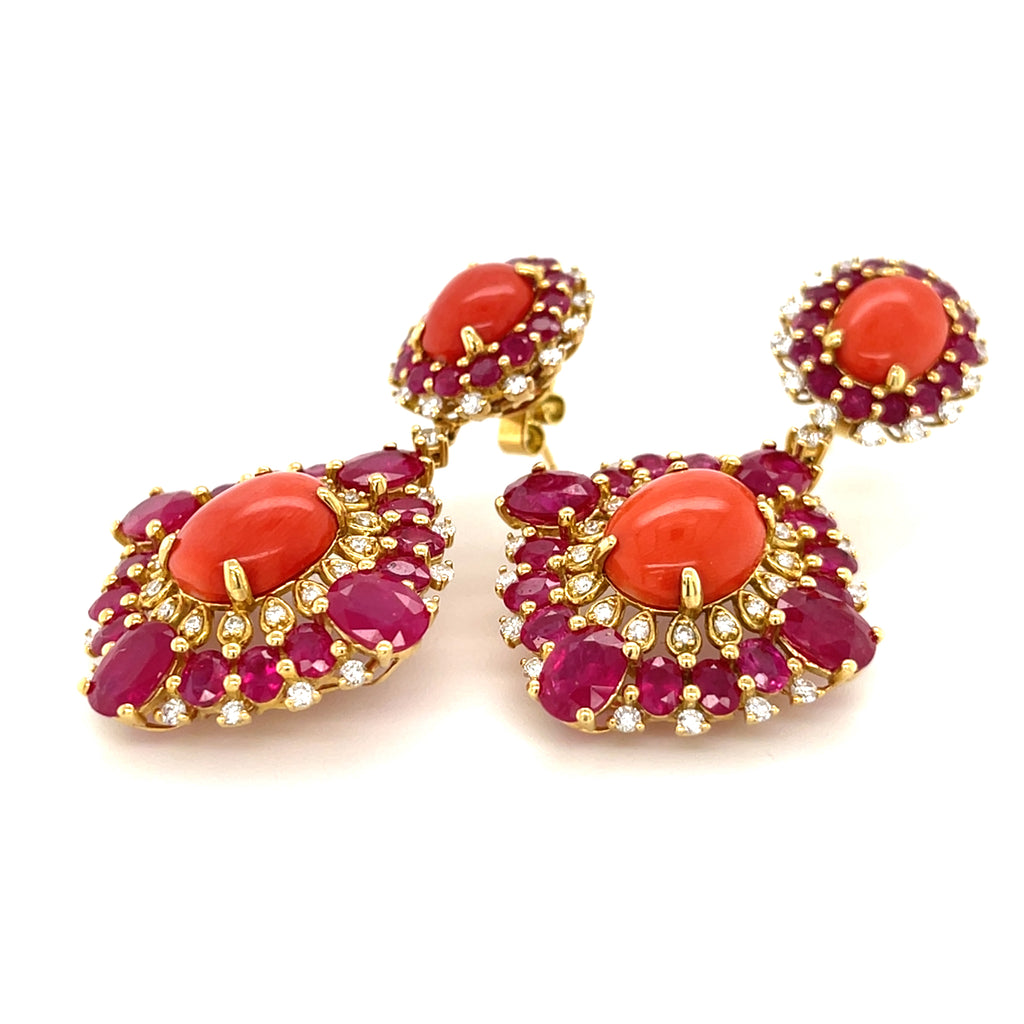 Unique 18k Yellow Gold Coral, Ruby, and Diamond Drop Stud Earrings