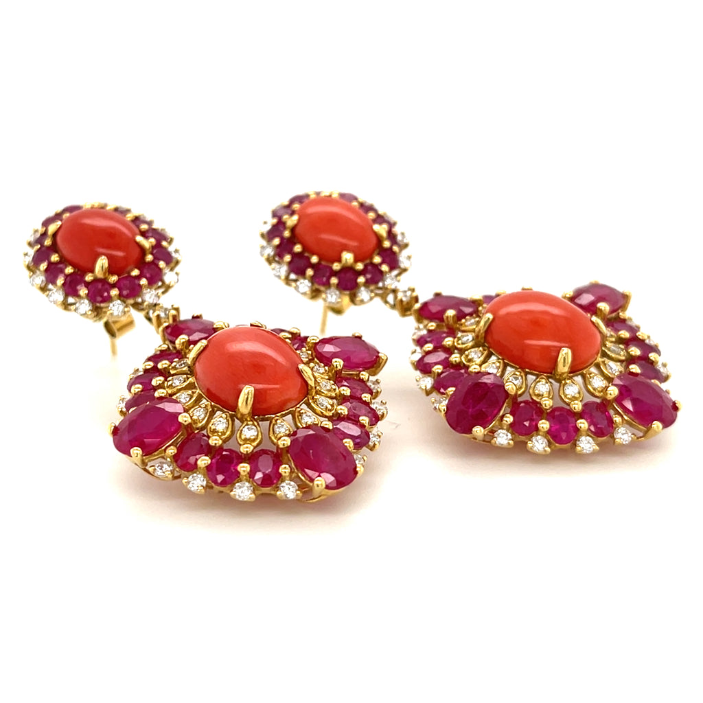 Unique 18k Yellow Gold Coral, Ruby, and Diamond Drop Stud Earrings