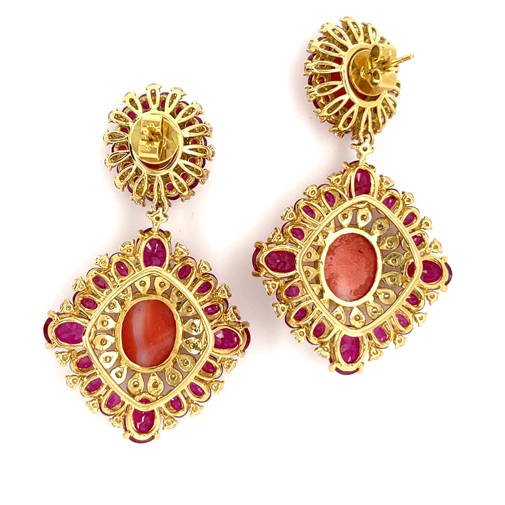Unique 18k Yellow Gold Coral, Ruby, and Diamond Drop Stud Earrings