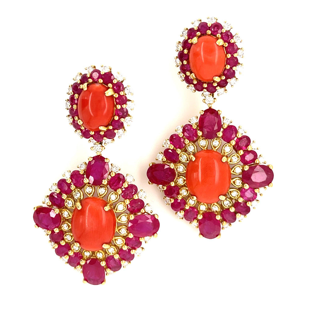 Unique 18k Yellow Gold Coral, Ruby, and Diamond Drop Stud Earrings