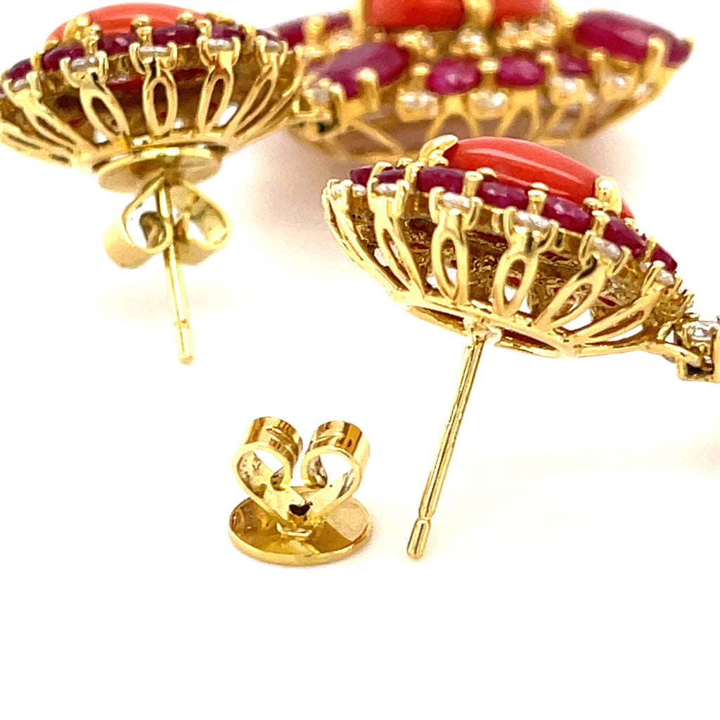 Unique 18k Yellow Gold Coral, Ruby, and Diamond Drop Stud Earrings