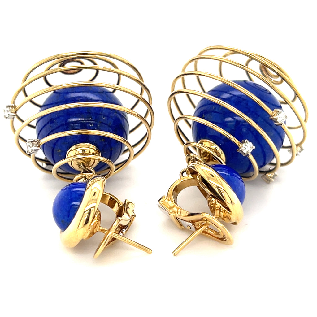 Unique 18k Yellow Gold Spring Drop Earrings with Lapis and Diamond Accents
