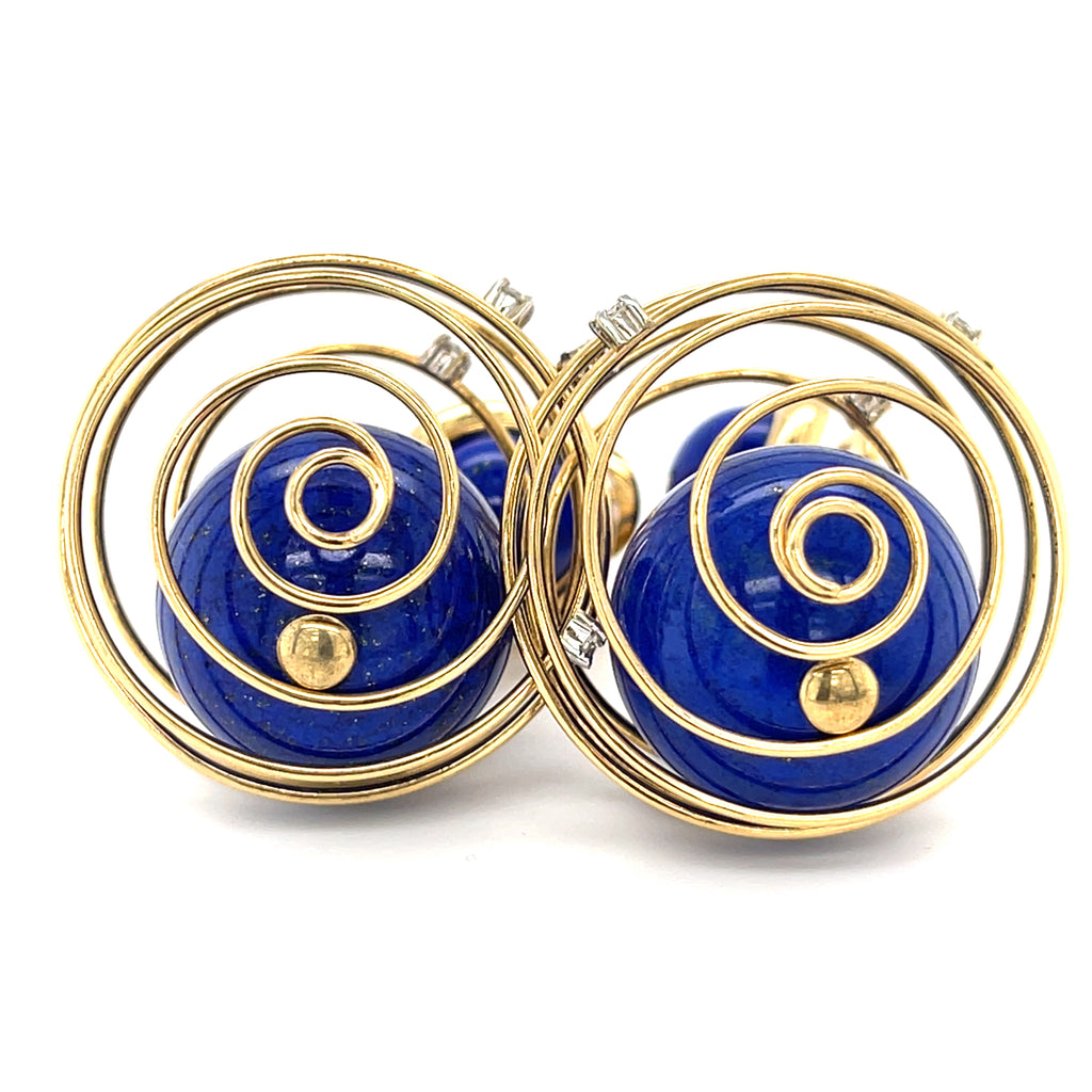 Unique 18k Yellow Gold Spring Drop Earrings with Lapis and Diamond Accents