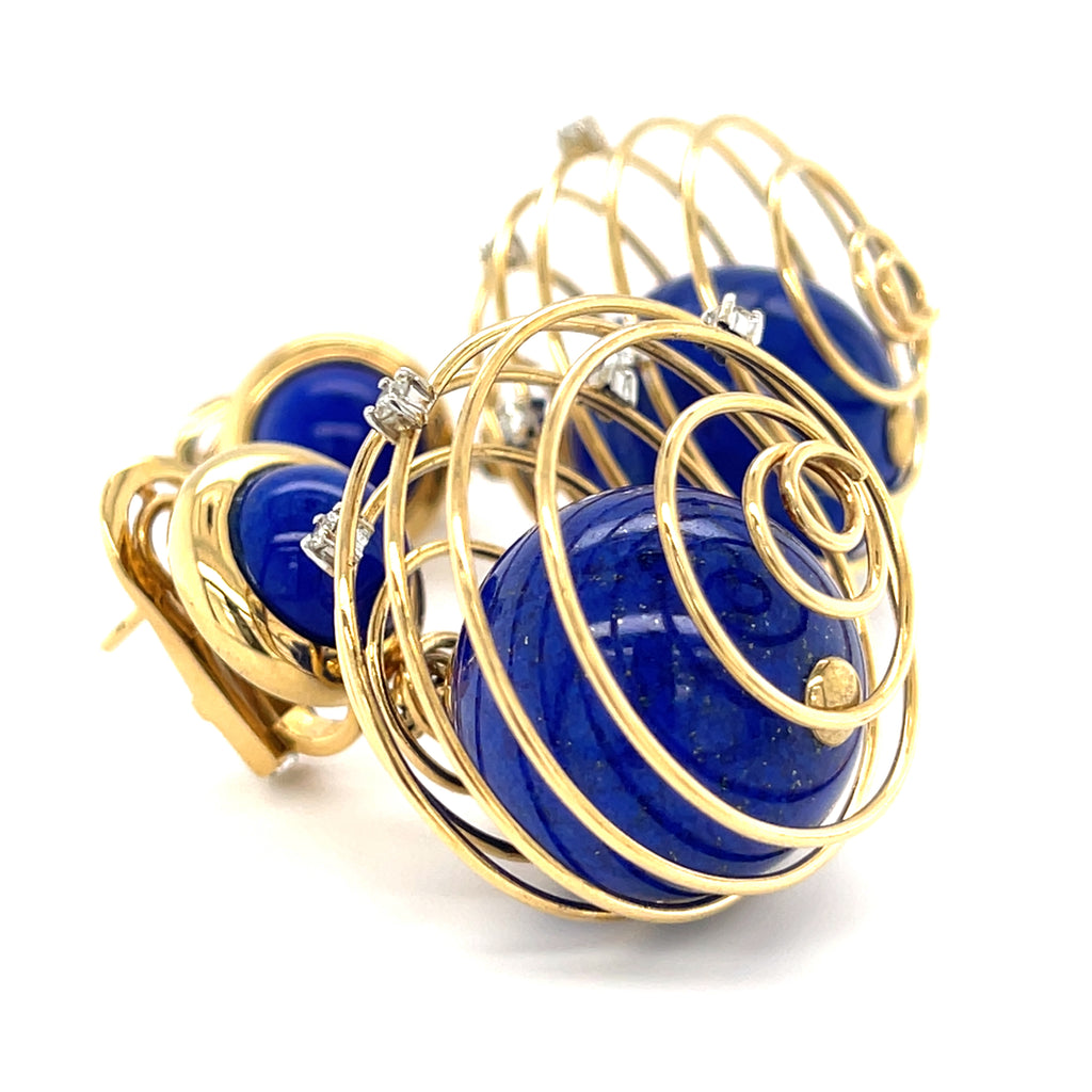 Unique 18k Yellow Gold Spring Drop Earrings with Lapis and Diamond Accents