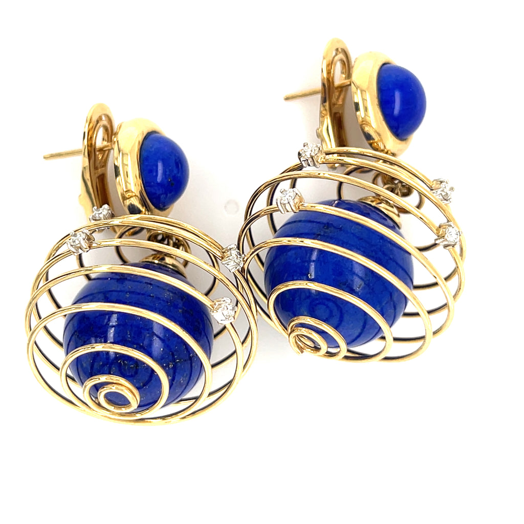 Unique 18k Yellow Gold Spring Drop Earrings with Lapis and Diamond Accents