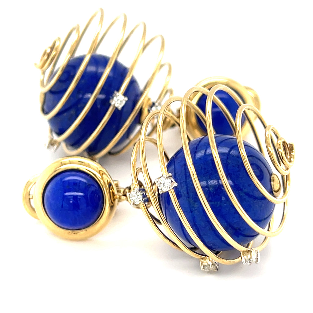 Unique 18k Yellow Gold Spring Drop Earrings with Lapis and Diamond Accents