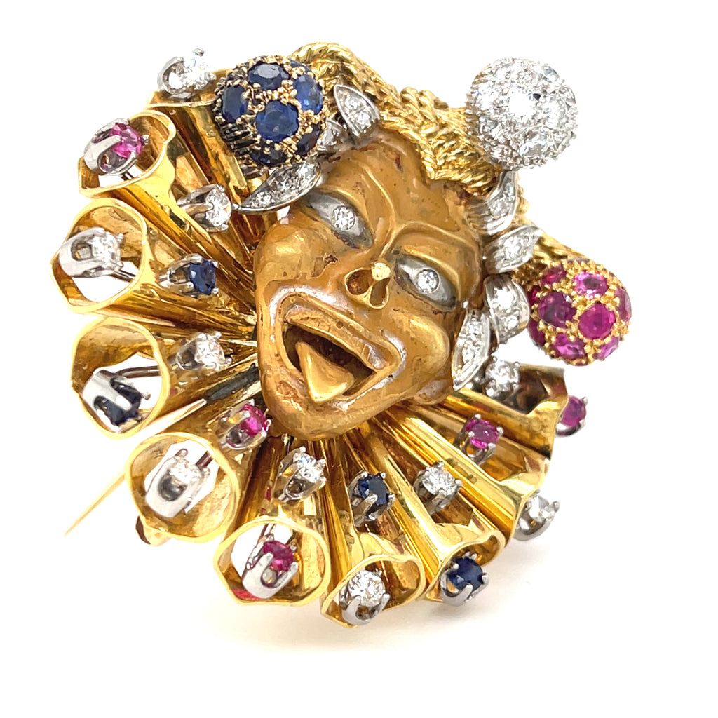Mario Boschi 18k Gold + Plat 1.25 ct Diamond Jester Pendant-Brooch w/ Ruby + Sap