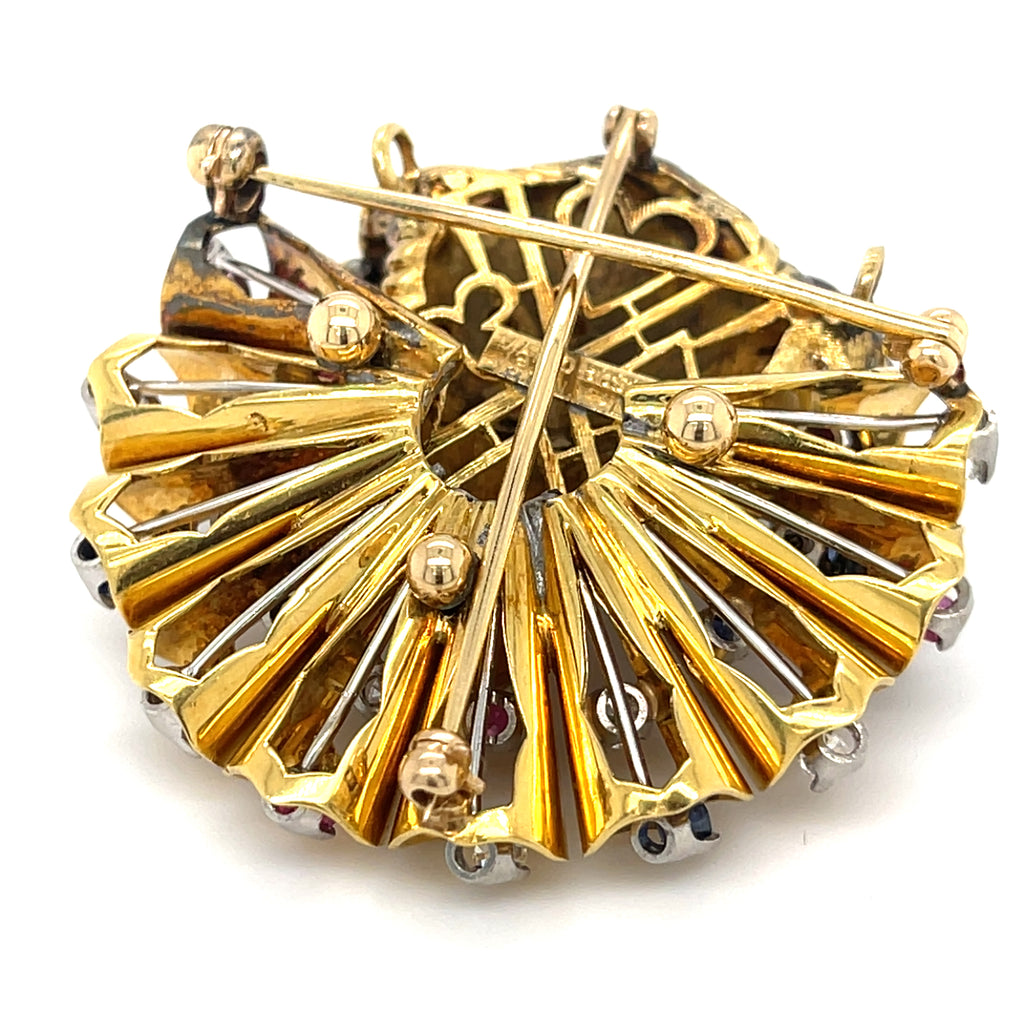 Mario Boschi 18k Gold + Plat 1.25 ct Diamond Jester Pendant-Brooch w/ Ruby + Sap